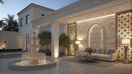 Obraz premium Chic architectural interior in arabic style, light stone, sofas, vase on a table,