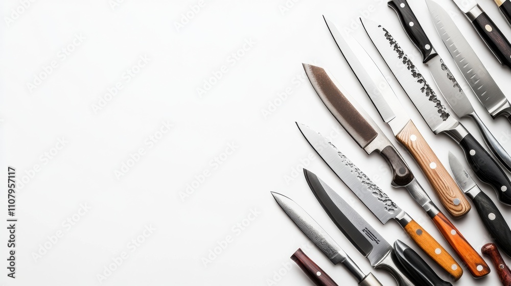 Aufkleber An assortment of kitchen knives displayed on a white background, showcasing different styles and functions for culinary use and preparation. Generative AI