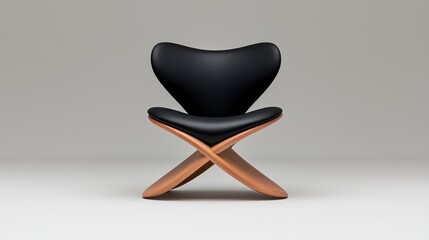3d rendering of a modern chair with a unique design. the chair has a black leather seat and backrest, and a wooden base with a cross-shaped design in the center.