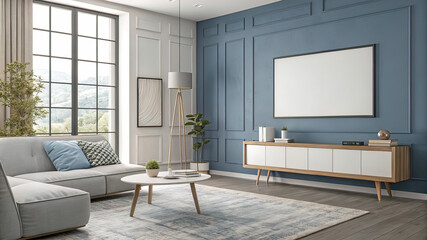 Minimalist interior design in a modern living room with a large white frame on the wall. Cute cozy little sofa near the coffee table.