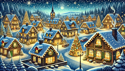 Fototapeta premium Charming Snowy Village at Christmas Night with Illuminated Houses and Decorated Christmas Trees in a Winter Wonderland