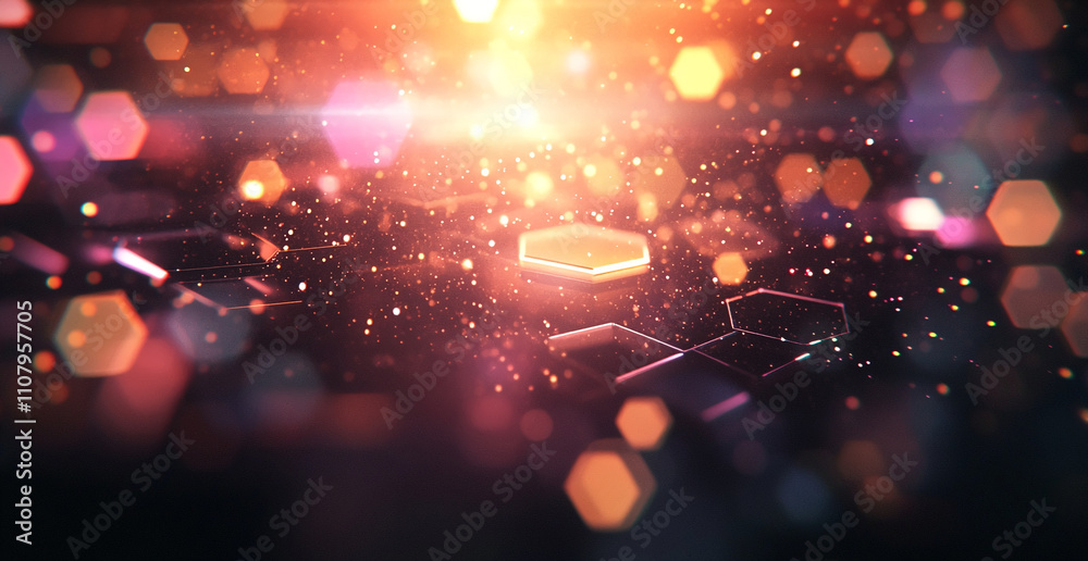 Poster Vibrant hexagonal patterns illuminated by dazzling light effects create an enchanting digital atmosphere
