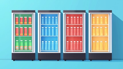 Colorful array of drink bottles displayed in modern vending machines against a blue background. Vibrant and refreshing visual.