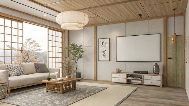 Minimalist interior design in a modern living room with a large white frame on the wall. Cute cozy little sofa near the coffee table.