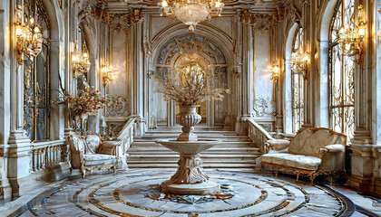 Obraz premium architectural interior in mother-of-pearl, fountain, light stone, sofas, vase with dried flowers on a table,