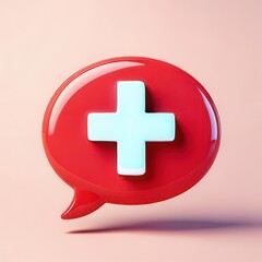 Fototapeta premium Glossy Red Speech Bubble Icon With Cross Symbol Emphasizing Health, Care, Communication, And Support In Modern Digital Design For Social Media Applications