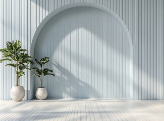 A modern minimalist space with a large arch, light blue wall, and wooden floor