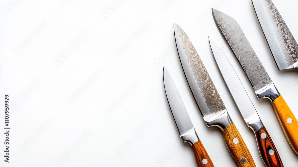 Poster a selection of kitchen knives is arranged neatly on a white background, highlighting their sleek des