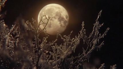 Fototapeta premium Frost-covered branches sparkling under the dim glow of a winter moon