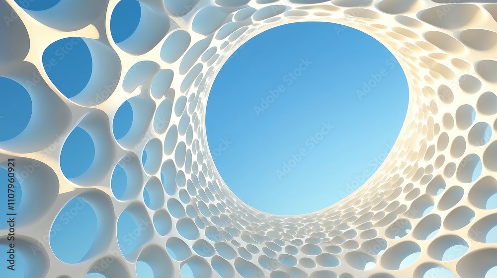Poster unique architectural design featuring a circular structure with perforated patterns against a clear 