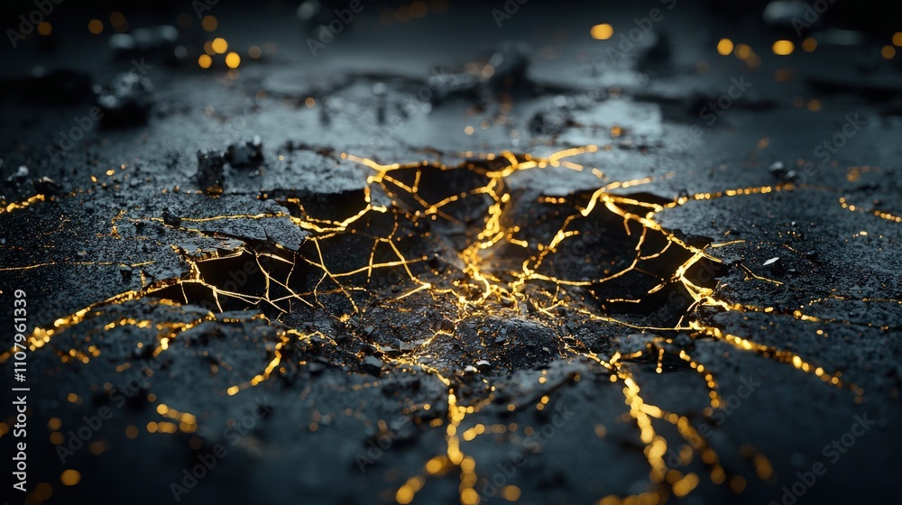 Poster cracked surface illuminated by golden lines abstract art dark setting high contrast detailed texture