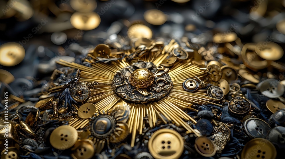 Aufkleber Intricate brass button sun design artisan workshop decorative art close-up view unique craftsmanship showcase