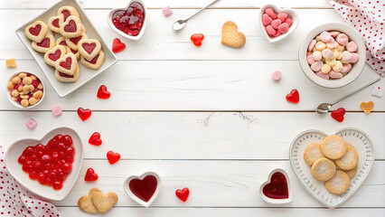 Top view of plate with jelly candies and cookies on white wooden table background