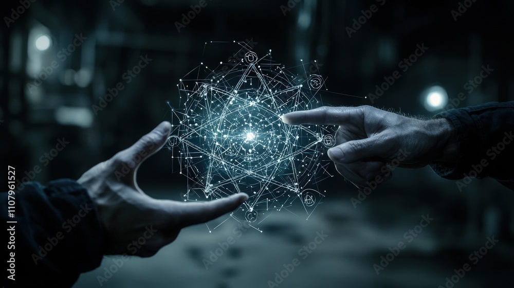 Poster Fingers and shadows digital connections in a futuristic abstract dark space environment