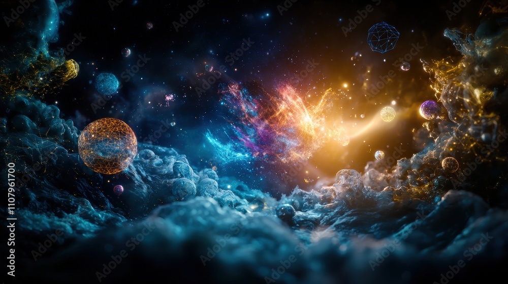Poster cosmic exploration of celestial bodies outer space digital art nebulous environment wide-angle view 