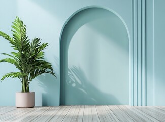 A simple arch-shaped wall mockup in light blue with white stripes, minimalistic design, with a wooden floor and a plant beside it, in high resolution