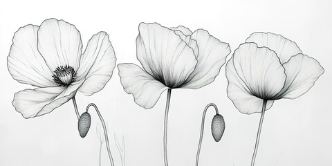 Delicate line drawings of poppy flowers showcasing intricate details and elegant forms in minimalist design