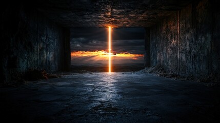 Fototapeta premium Illuminating the void a single line of light breaking shadows in a surreal hopeful landscape