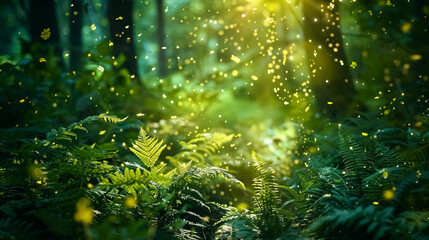 An enchanted forest scene featuring magical ferns and green witch plants, with meadow flowers in the background