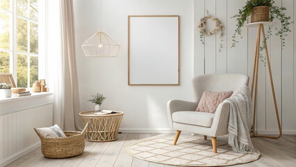 Obraz premium Modern interior design in modern living room with big white frame on wall. Cute armchair near coffee table.
