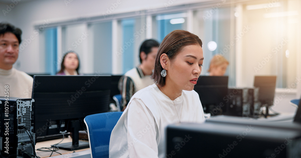 Poster japanese people, business and computer with office, connection or communication in website support. 