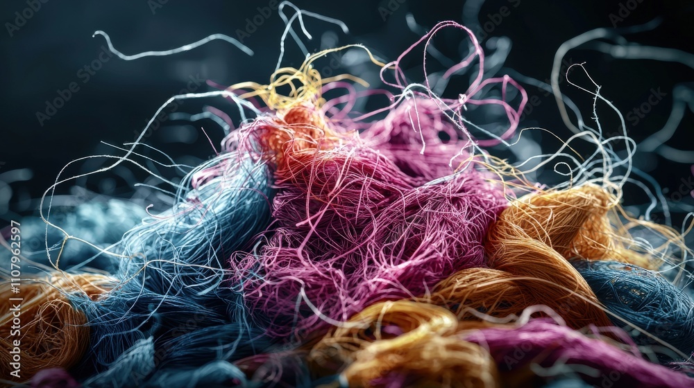 Poster Colorful threads entangled in complex shapes indoor studio abstract art dark background close-up visual creativity