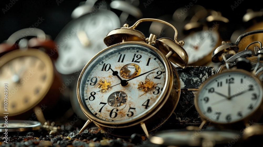 Poster Surreal clocks overlapping in an artistic display studio still life photography dimly lit conceptual time perception