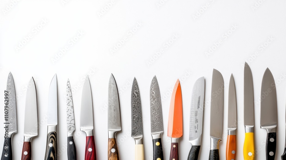 Aufkleber An assortment of kitchen knives displayed on a white background highlights different designs and functions. Ideal for cooking enthusiasts. Generative AI