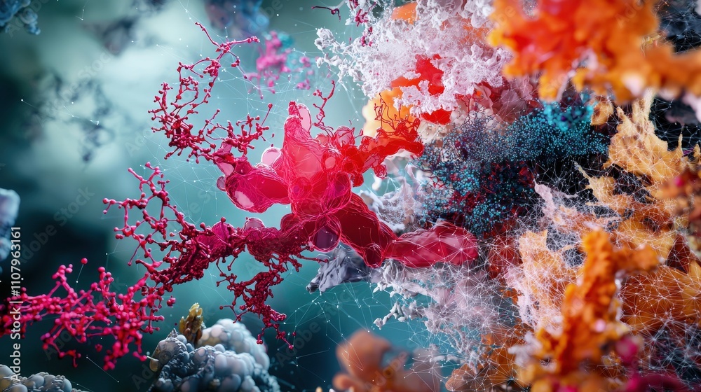 Poster Vibrant underwater abstract microscopic points converging in a striking visual symphony close-up perspective