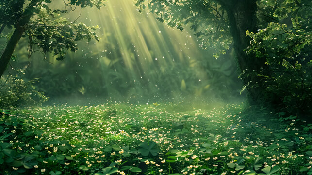 An enchanted forest with a meadow of clovers and mystical green witch plants, creating a magical woodland background