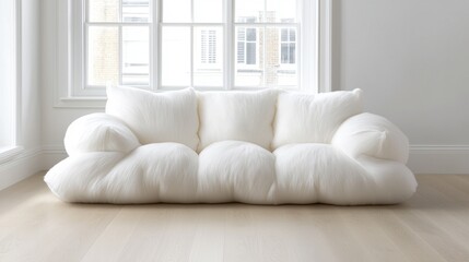 Fototapeta premium Modern living room with a large window on the left side. the window has white frames and is letting in natural light. on the right side of the window, there is a white sofa with three white cushions.