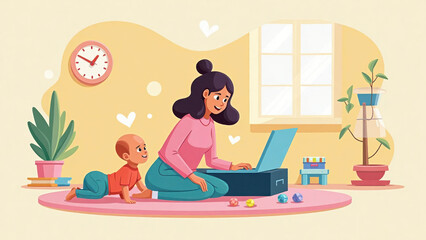 Fototapeta premium Working mom and her cheerful child. 