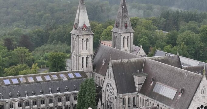 Drone flying over Maredsous Abbey Monastery in Namur, Anhee, Belgium