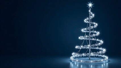 A sophisticated Christmas tree depicted entirely with shimmering silver string lights, forming intricate spiral patterns. The tree glows gently against a navy blue monochrome background