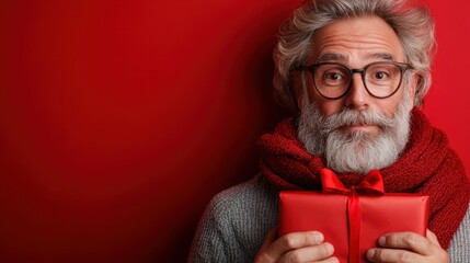 An elderly man with a beard, glasses, and wrapped in a red scarf holds a red gift box against a plain red background, radiating warmth and kindness.