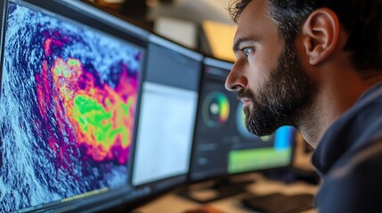 Fototapeta premium Digital climate model analysis displayed on multiple screens by a researcher tracking weather patterns and climate changes