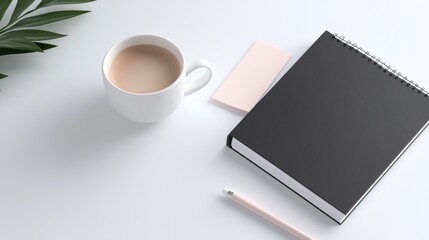 Flat lay of a desk with a white background. on the left side of the image, there is a white coffee cup filled with a light brown liquid, which appears to be coffee or tea.