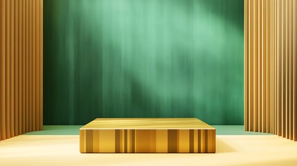 A modern, geometric platform with a golden square podium featuring stripes on the sides, set against a minimalist green and gold background for product display