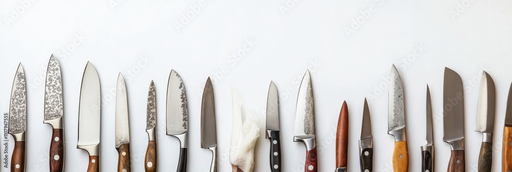 Poster A collection of kitchen knives is neatly displayed on a white surface, showcasing different blade shapes and styles for culinary tasks. Generative AI