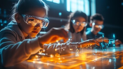 Young learners interact with a holographic periodic table in a modern classroom setting, exploring science with technology