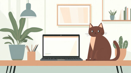 Cozy Home Office Scene Featuring a Brown Cat Sitting Beside a Laptop with Indoor Plants and Minimalist Decor in a Bright and Inviting Space