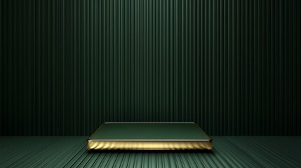 Green and gold minimalist podium in a square shape, set against a dark green striped background, with clean, modern minimalism for product display