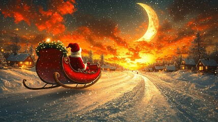 Santas sleigh glides through a winter wonderland at sunset