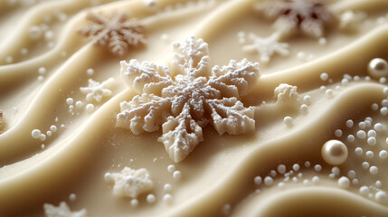 Intricate White Chocolate Ganache Texture with Festive Christmas Elements like Snowflakes and Stars