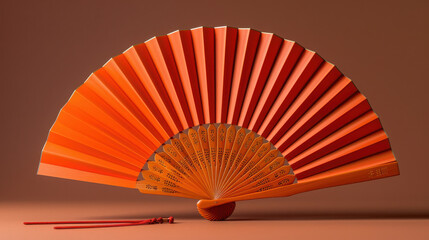 Chinese traditional folding fan, orange tone, light background, simple advanced sense, national art․