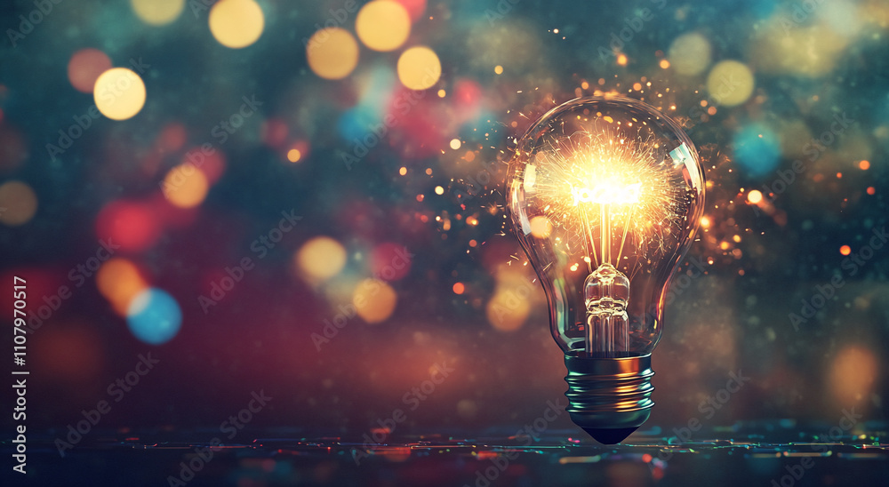 Poster bright light bulb glowing against a colorful, shimmering background creates a vibrant atmosphere in 