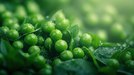 Close-up of green peas on a vibrant green background, minimalism, AI-generated