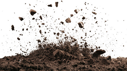 Wide Explosive soil dirt eruption with debris flying isolated on white & transparent a background.