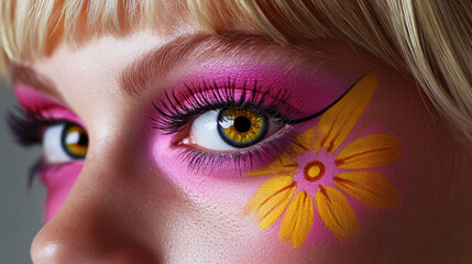 Vivid eye makeup with yellow flower detail and pink eyeshadow