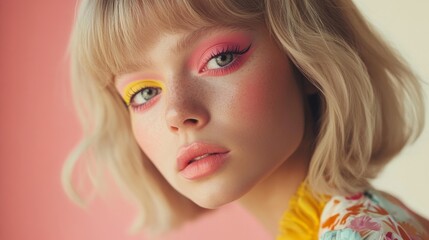 Fototapeta premium Vibrant portrait of a young woman with colorful makeup and blonde bob hairstyle
